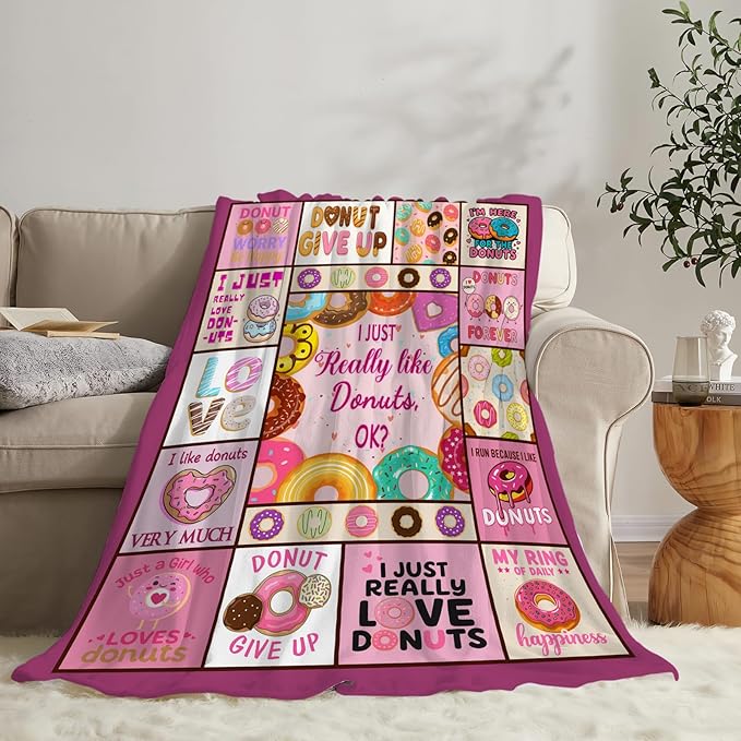 Pink Donut Fleece Blanket Dessert Doughnut Throw Blankets for Girls Boys Super Soft Warm Flannel Funny Food Throws Gifts for Men Women Cozy Fuzzy Plush Stuff Couch Bed Bedding Decor 50"x40"