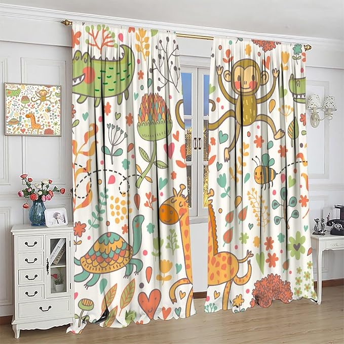 Cute Monkeys Curtains, Zoo Theme Cartoon Funny Animals Crocodile Giraffe Turtle with Flowers Print Thermal Insulation Window Drapes for Kids Boys Girls Baby Bedroom Living Room 42x45 Inch