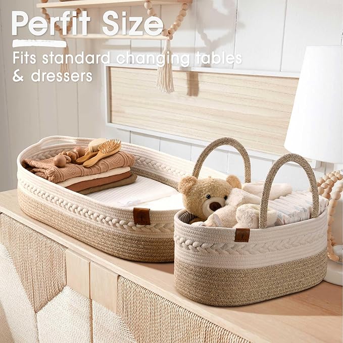 Baby Changing Basket Includes Diaper Caddy - Soft & Waterproof Dual-Cover, Portable, Changing Pad for Dresser & Changing Table, Gift for Baby Shower, Organic Cotton Rope