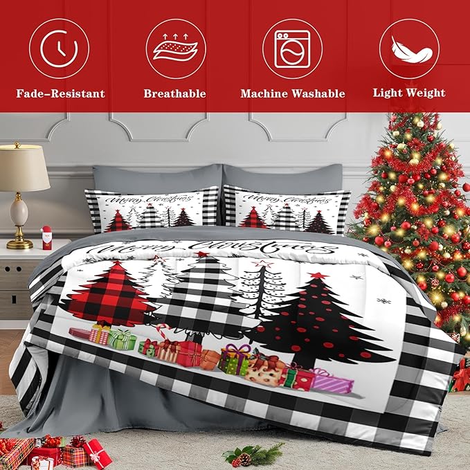 5 Pcs Twin Size Christmas Comforter Set with Pillowcase & Sham, Buffalo Check Plaid Tree Bedding for Kids and Adults, Winter Snowflake Bed in a Bag with Flat Fitted Sheet