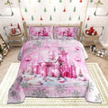 Pink Castle Comforter Set King Size,Cartoon Fairy Tale Theme Watercolor Bedding Set All Season Quilt Set,Christmas Winter Silver Snowflakes Microfiber Polyester Down Comforter