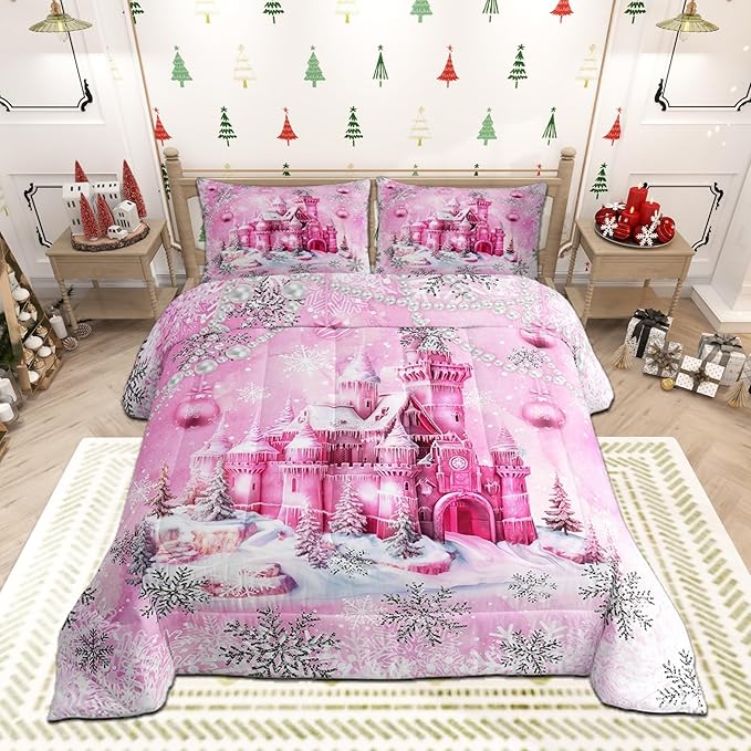 Pink Castle Full Size Comforter Set,Cartoon Fairy Tale Theme Watercolor Bedding Comforters Bedroom Collection,Christmas Winter Silver Snowflakes Bedding Set for Girls Teens