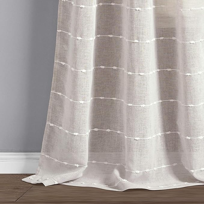 Lush Decor Farmhouse Textured Grommet Sheer Window Curtain Panel Pair, 38"W x 120"L, White