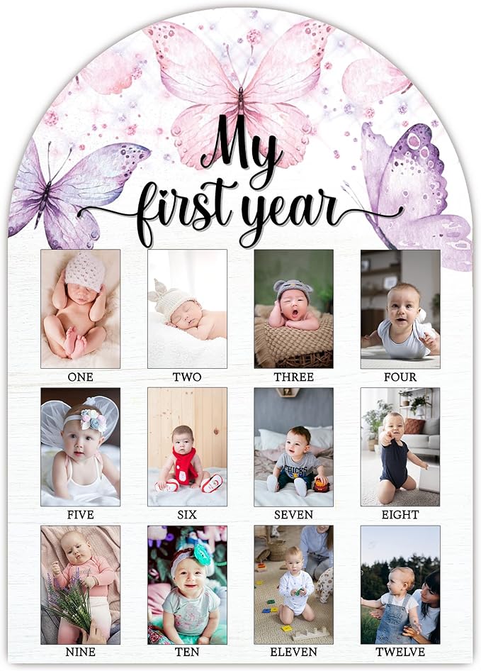 My First Year Photo Board, Butterfly Baby Milestone Signs, 12 Months Wooden Picture Frame, Nursery Gender Neutral Gifts for Girl Boy, Best Gifts for 1st Birthday Baby Shower Decorations-A01