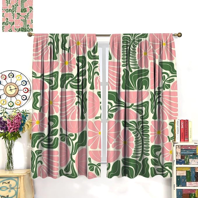 70s Flowers Curtains,Retro Geometric Boho Vintage Botanical Green Pink Flower Curtain for Bedroom Living Room Bathroom Window Curtains,70s Mid Century Flowers Window Treatments 42" W X 63" L
