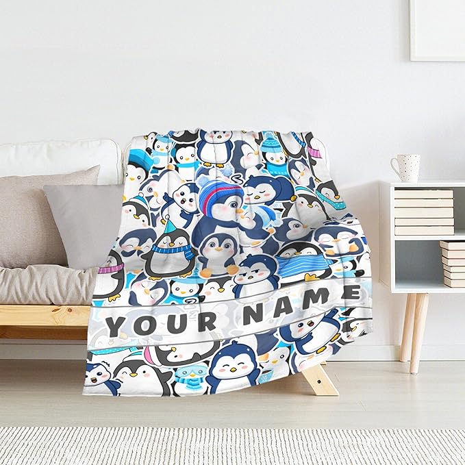 Custom Penguin Throw Blanket for Teens - 50" x 60" Inches Cute Penguin Blanket Gift for Girls - Blue Soft Cozy Throws for Couch, Bed & Travel