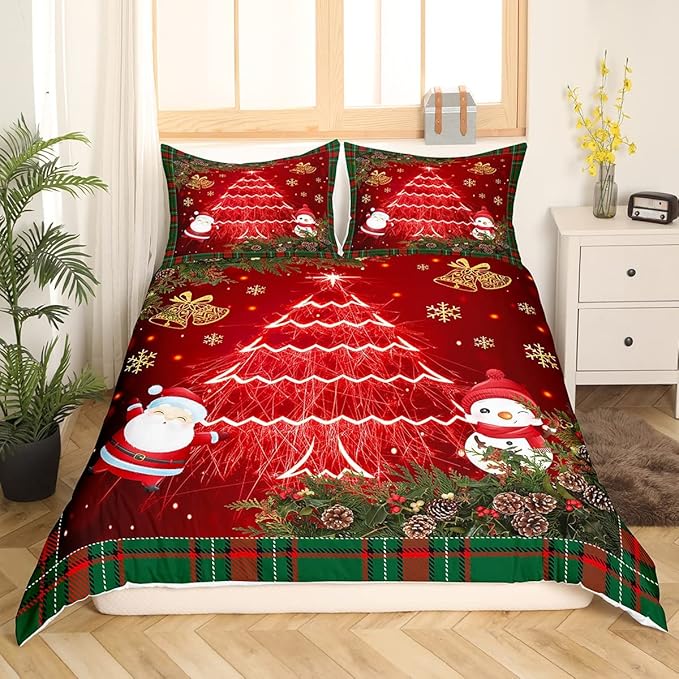 Feelyou Christmas Bedding Set Kids Cartoon Santa Claus Comforter Cover Set for Boys Girls Christmas Tree Xmas Theme Duvet Cover Breathable Snowman Bedspread Cover Room Decor Quilt Cover King Size