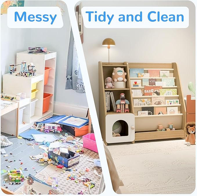 FKWin Kids Bookshelf, Kids Toy Storage Organizer, Baby Storage Book Rack, 4 Tier Kids Wooden Bookshelves, 5 Layer Sling Bookcase for Playroom, Bedroom, Living Room, Kids Room, Nursery, School(Natural)