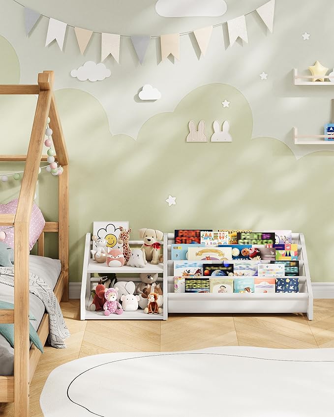 Kids Bookshelf, Book Shelf for Kids Rooms, Toddler Bookshelf with 2 Open Shelves and 4-Tier Sling Rack, for Kid Room, Nursery, Bedroom, Playroom, White TCW06WB