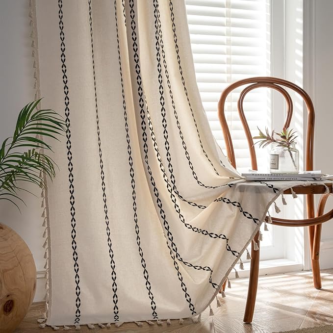Deeprove White and Black Boho Curtains 63 inches Length for Living Room Bedroom Nursery, Aztec Chic Bohemian 63 inches Long Damask Stripe Embroidery Privacy Window Fringe Decor W52 x L63, 1 Panel