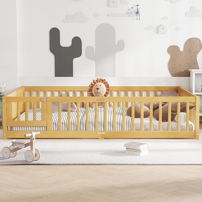 Harper & Bright Designs Queen Size Montessori Bed with Door and Fence, Kid's Floor Bed Frame with Solid Wood Support Slats for Boys, Girls, Natural