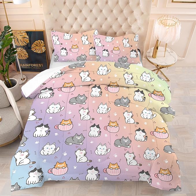 Cat Comforter Set King: Cute Cats Bedding Sets Cartoon Pet Kitten Quilts for Women Teen Girls Adult Rainbow Kawaii Kitty 3 Piece Bed Set 1 Comforter & 2 Pillowcases