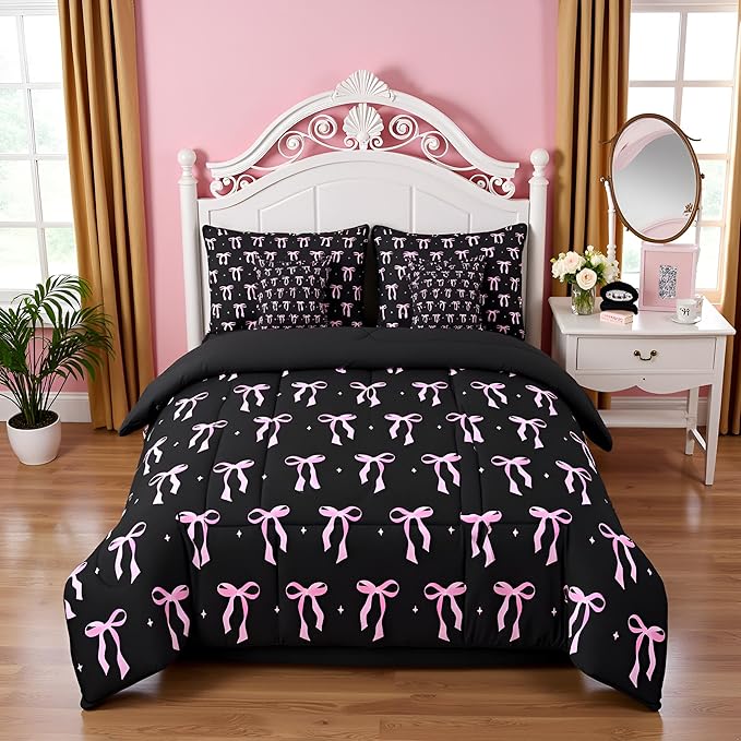 7 Pieces Pink Bowknot Kids Comforter Twin,Stars Watercolor Bow Tie Patchwork Bedding Set,Butterfly Knot Princess Black Noble Chic（Comforter+Fitted+Flat Sheet+2 Pillowcases+2 Throw Pillow Covers）