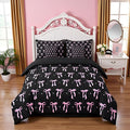 7 Pieces Pink Bowknot Kids Comforter Twin,Stars Watercolor Bow Tie Patchwork Bedding Set,Butterfly Knot Princess Black Noble Chic（Comforter+Fitted+Flat Sheet+2 Pillowcases+2 Throw Pillow Covers）