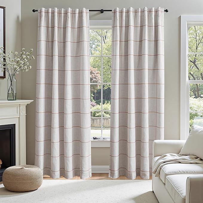 MYSKY HOME 100% Blackout Plaid Farmhouse Linen Curtains 84 Inch Long 2 Panels Set for Living Room Double Layer Checkered Drapes Thermal Insulated Privacy Protection Rod Pocket Back Tab, 52" W, Tan