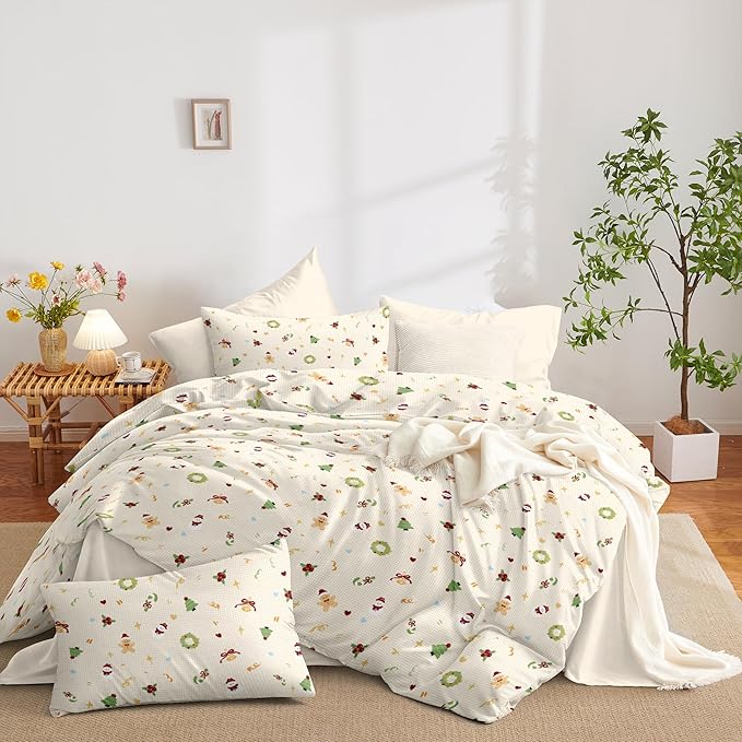 Christmas Duvet Cover King Size Gingham Red Bow Christmas Tree Bedding Set Kids Boys Girls Plaid Heart Xmas Holiday Reversible Comforter Cover 3 Pieces with Zipper Closure (No Comforter)