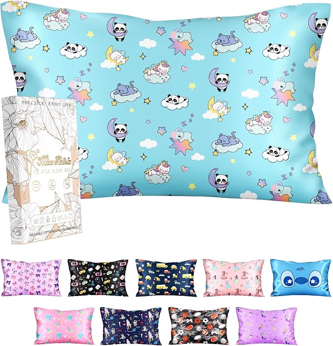 Silk Pillowcase for Kids - 30 x 20 Inches Queen Size Mulberry Silk Pillow Case with Zipper Cute Cartoon Kawaii Teens Girls Boys Pillowcase for Hair and Skin, Sleeping Animals