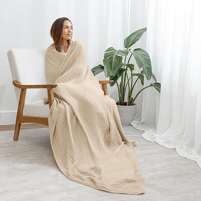 Comfy Cubs Muslin Blanket for Adults Twin 90" x 66" - 6 Layer Soft, Breathable & Lightweight Muslin Adult Blanket - Machine Washable & Designed in The US Bedding for All Seasons - Sand