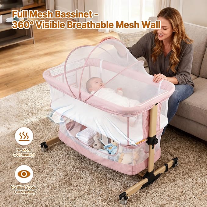 Baby Bassinet Bedside Sleeper, 3-in-1 Bedside Bassinet, 5 Height Adjustable Rocking Baby Crib, Breathable Full Mesh, Mosquito Net, Storage Basket, Stable and Secure Bassinets for Newborn Infant