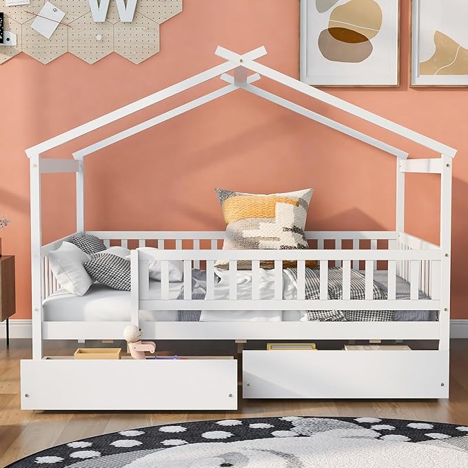 Full House Bed with 2 Storage Drawers, Kids Full Bed Frame with Rails and Roof, Tent Bed, Wooden Full Daybed, Full Montessori Bed for Kids Teens Girls & Boys, No Box Spring Needed (White)