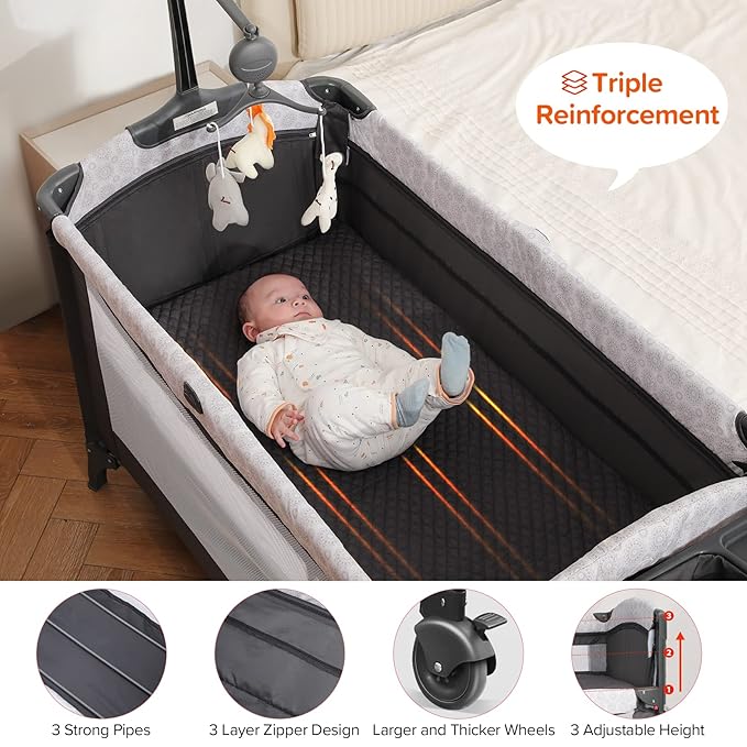 ELEMARA 50" Babies Bassinet Bedside Crib with Diaper Changer，Pack and Play with Mattress and Blackout Cover for Baby，4 in 1 Playpen Travel Bed with Storage,Playard with Adjustable Height
