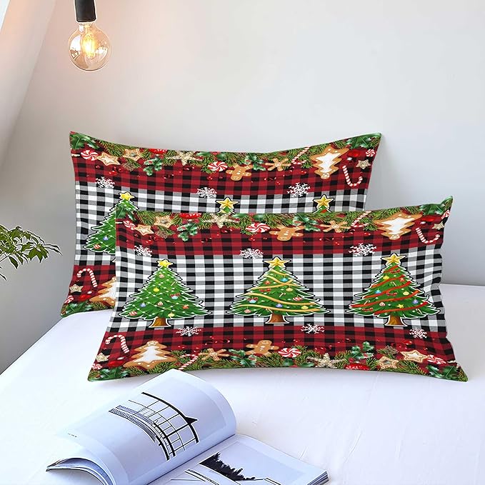 Christmas Duvet Cover King Size Black White Gingham Bedding Set 3 Pieces Kids Boys Girls Red Plaid Grid Christmas Tree Gingerbread Man Comforter Cover with Zipper Closure