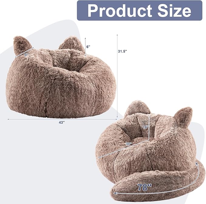 Bean Bag Chair for Adults Teens Giant Faux Fur Bean Bag Chairs with Filler Fluffy Plush Cat Shaped Beanbag Couch Comfy Accent Floor Sofa for Gaming, Reading in Living Room, Bedroom, Dorm
