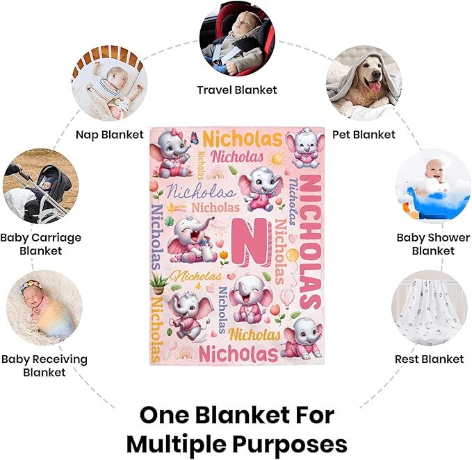Personalized Custom Pink Elephant Preschool Blanket Gifts for Baby Toddler Kids Boys Girls - Customized Pink Elephant Soft Lightweight Flannel Sheets Decor for Crib Nap Couch - 30"x40" for Baby/Pets