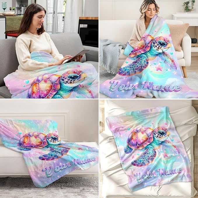 Custom Sea Turtle Throw Blanket - Turtle Blankets Gifts for Kids - Fuzzy Plush Throws Decor for Couch, Sofa