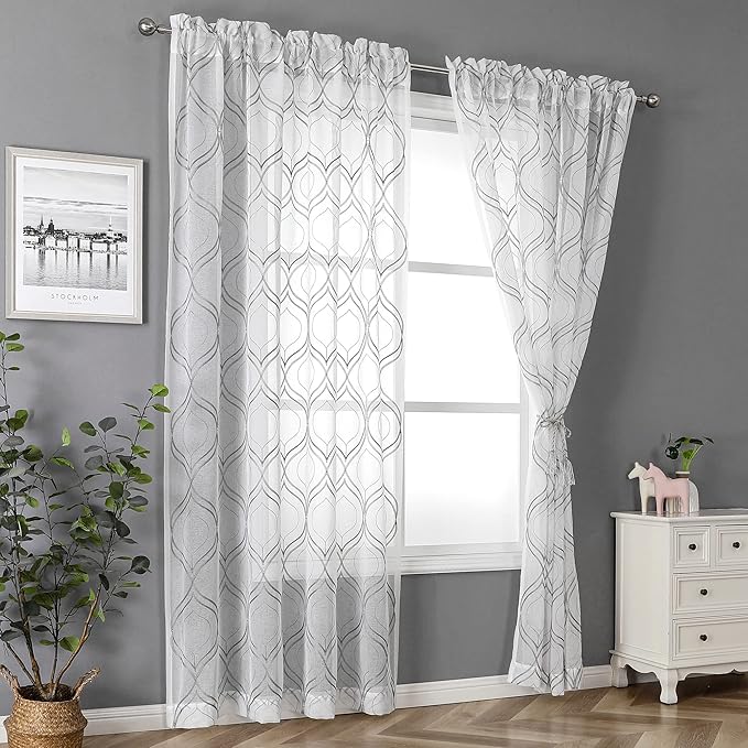 VISIONTEX White Sheer Curtains 63 Inch Length 2 Panels Set Grey Moroccan Embroidered Curtains Trellis French Textured Rod Pocket Voile Tulle Semi Window Drapes for Bedroom Living Room 54 x 63 Inches