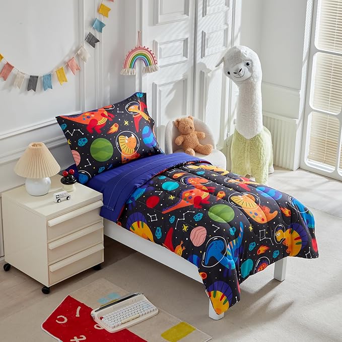 4 Pieces Toddler Bedding Set for Boys Girls Black Toddler Bed Set - Ultra Soft Cartoon Space Orange Dinosaur Toddler Bed in a Bag - 1 Comforter Set 1 Fitted Sheet 1 Flat Sheet 1 Pillowcase
