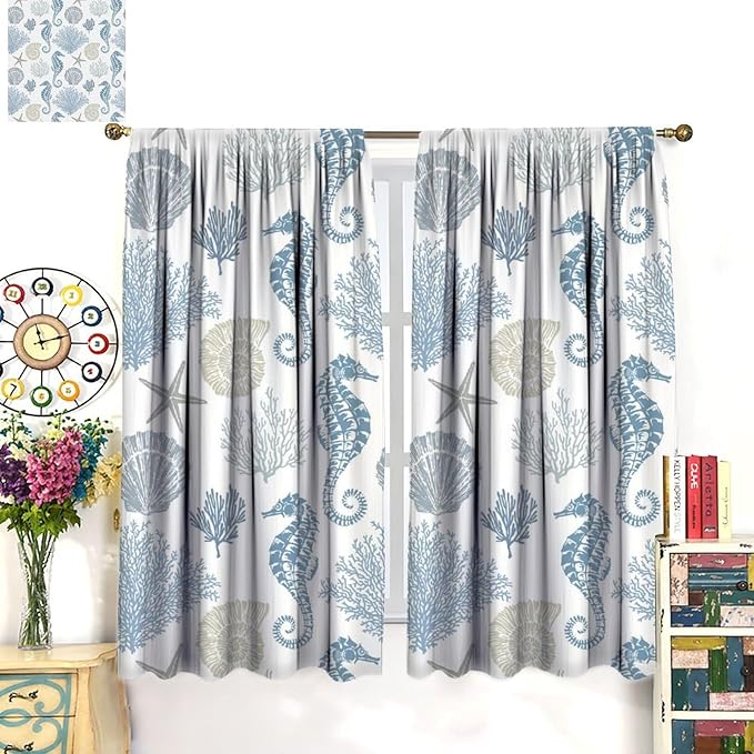Seahorse Coral Curtains,Starfish Seashell Beach Sea Starfish Seashell Theme Pattern Blackout Print Home Bedroom Living Room Window Treatmen 2 Panel Set 72x63 Inch