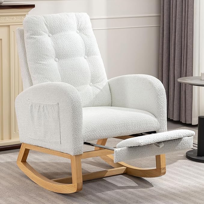 NIOIIKIT Nursery Rocking Chair, Linen Upholstered Glider Chair with Footrest, Tufted Rocker Recliner with Side Pocket, Comfy Recliner Glider, Accent Chair for Living Room (White Polar Fleece)