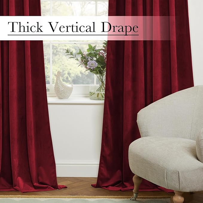 StangH Red Velvet Curtains 52x105 inches Long for Living Room, Thermal Insulated Room Darkening Drapes for Bedroom Home Theater, Christmas Decor Back Tab, 2 Panels