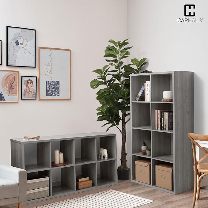 CAPHAUS 11-Inch Cube Storage Organizer Shelf, Home Storage Shelf Divider w/Back, 8-Cube Storage Bookcase, Greige Oak
