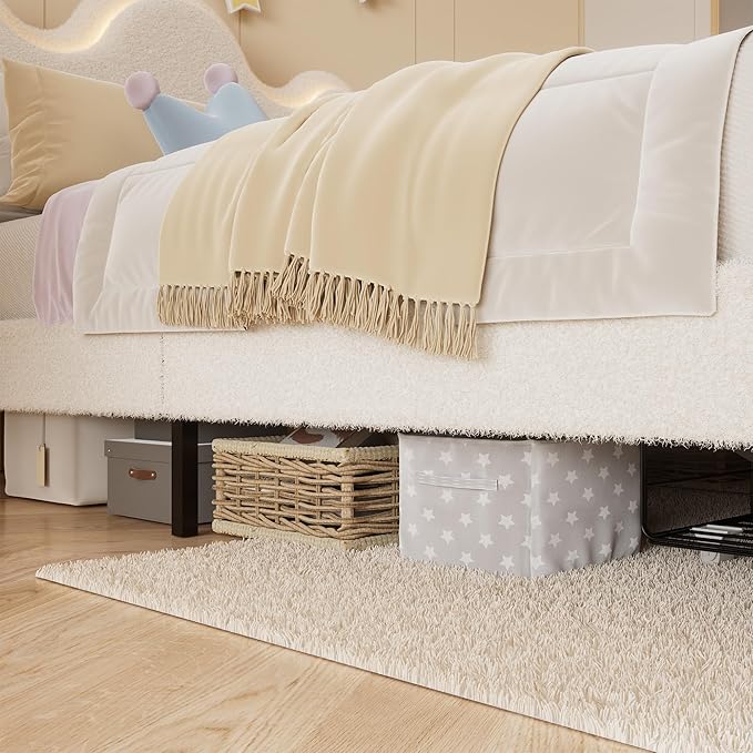 Twin Upholstered LED Bed Frame with Storage Drawers Girls Bed with Flower Headboard Boucle Princess Platform Bed Frame for Kids/Girls Strong Wood Slat Support,No Box Spring Needed,Easy Assembly