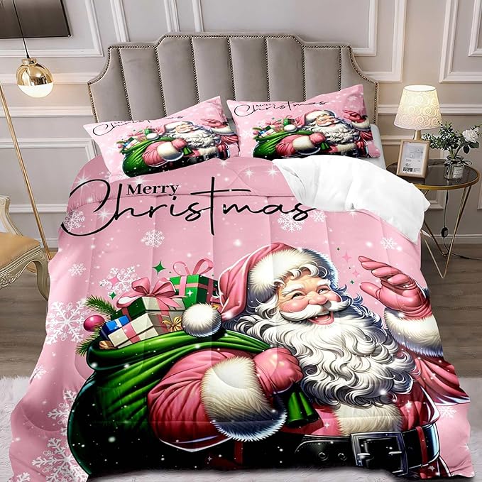 LUVIVIHOME 3PCS Merry Christmas Comforter Set King Size, Funny Santa Claus Bedding, Kids Teens Girls Bedding, Winter Snowflake New Year Christmas Bedroom Decor, Pink Quilt, Xmas Gifts, 2 Pillow Shams