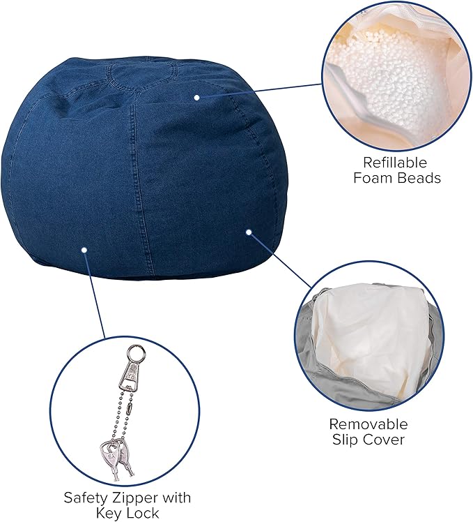 EMMA + OLIVER Small Denim Bean Bag Chair for Kids and Teens