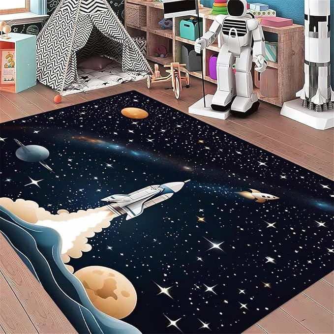 Space Children's Play Rug,5x7ft,Solar System Planet Rocket Play Mat Rug, Suitable for Boys and Girls, Home Decor,Educational Learning Play Area Rug,Suitable for Children's Bedroom Playroom