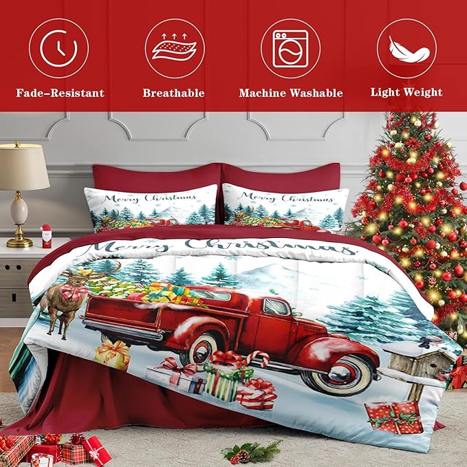 7 Pcs Full Size Christmas Comforter Set with 2 Pillowcases & 2 Shams, Red Vintage Truck Elk Bedding for Kids and Adults, Winter Forest Bed in a Bag with Flat Fitted Sheet