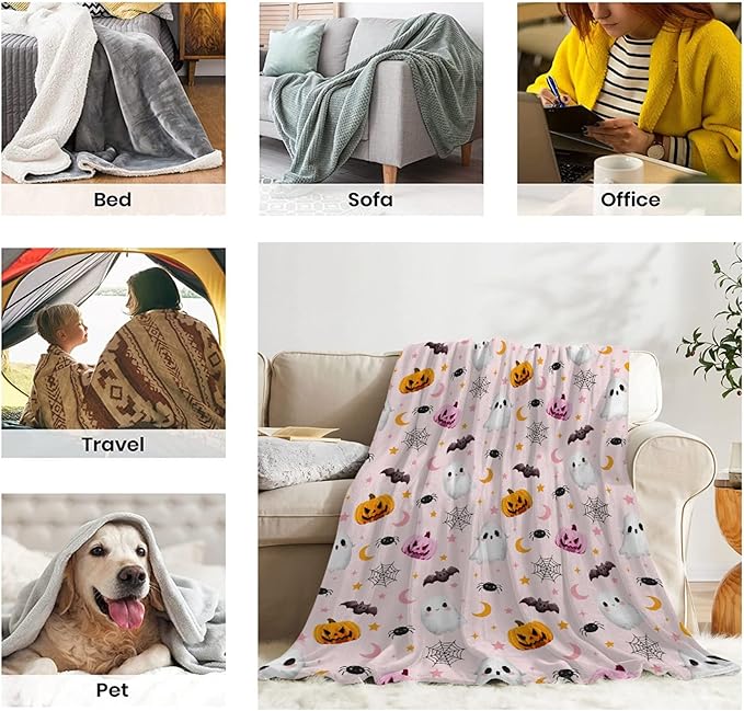 Ultra Soft Cute Ghost Blanket - Plush Cozy Pumpkin Blanket for Travel/Camping/Picnic - Funny Halloween Ghost Decor - 50"x60" - Teens/Travel Size