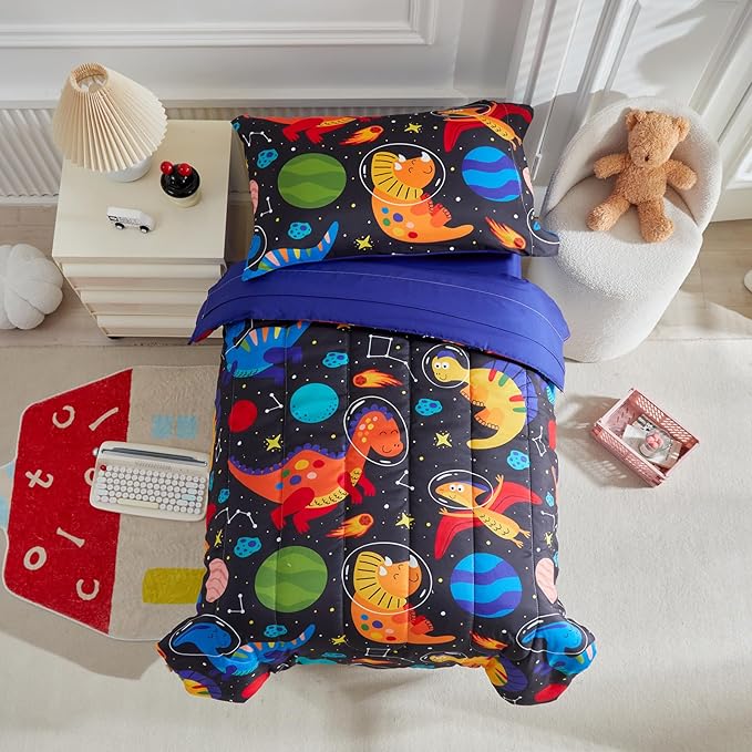 4 Pieces Toddler Bedding Set for Boys Girls Black Toddler Bed Set - Ultra Soft Cartoon Space Orange Dinosaur Toddler Bed in a Bag - 1 Comforter Set 1 Fitted Sheet 1 Flat Sheet 1 Pillowcase