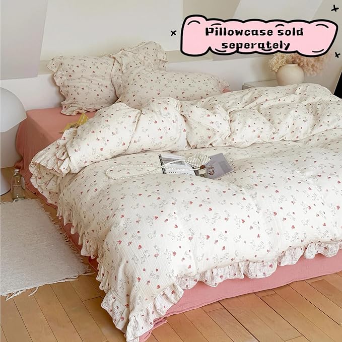 BuLuTu Chic Shabby Vintage Floral Duvet Cover Twin for Kids Girls Boys 100% Cotton Muslin Ruffled Quilt Cover Twin, 68"x86", Flower Rabbit Print, Soft Breathable, Zipper Closure, No Pillowcase