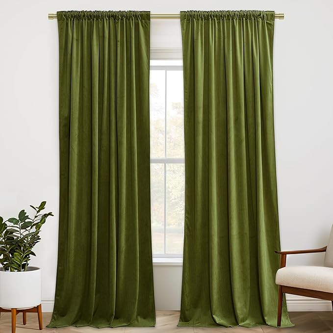 StangH Olive Green Velvet Curtains 94 inches Long Back Tab Soft Thermal Insulated Room Darkening Window Drapes for Bedroom Living Room Christmas Decor, W52 x L94, 2 Panels