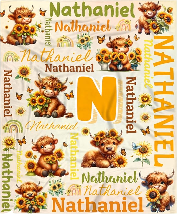 Personalized Custom Sunflower Highland Cow Preschool Blanket Gifts for Baby Toddler Kids Boys Girls Pets - Customized Sunflower Highland Cow Super Soft Flannel Sheets 30"x40" Decor for Crib Nap Couch