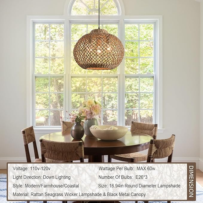 17" Woven Rattan Ceiling Pendant Light Fixture 3-Light Boho Coastal Brown Wicker Hanging Lighting of Kitchen Island Farmhouse Dining Room Entryway Foyer