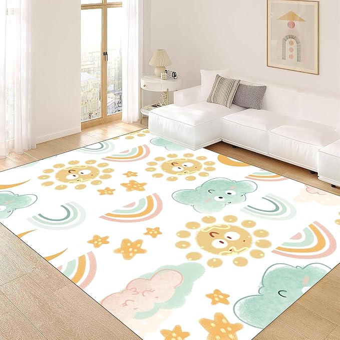 Cute Fluffy Kids Rug for Girls Bedroom - Rainbow Living Room Colorful Floor Mat, Soft Washable Non-Slip, Smiling Sun White Cloud Patterns, Nursery Decoration 5x8ft