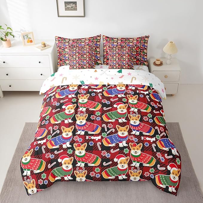 Feelyou Cute Dog Comforter Set with Sheets Cartoon Christmas Bed Set for Kids Boys Girls Merry Christmas Decor Bed in a Bag Red Geometric Lattice Bedding Set Bedroom Collection Queen Size