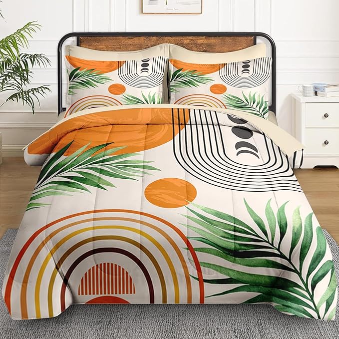 5 Pcs Twin Size Comforter Set with Pillowcase & Sham, Contemporary Mid Century Bedding for Kids and Adults, Rainbow Sun Boho Geometric Bed in a Bag with Flat Fitted Sheet