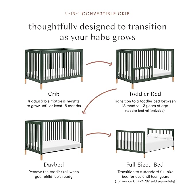 Babyletto Gelato 4-in-1 Baby Crib Convertible to Wooden Toddler Bed, Daybed & Full-Size Bed, GREENGUARD Gold Certified - Made of 100% Solid Wood, Includes Toddler Conversion Kit - Forest Green